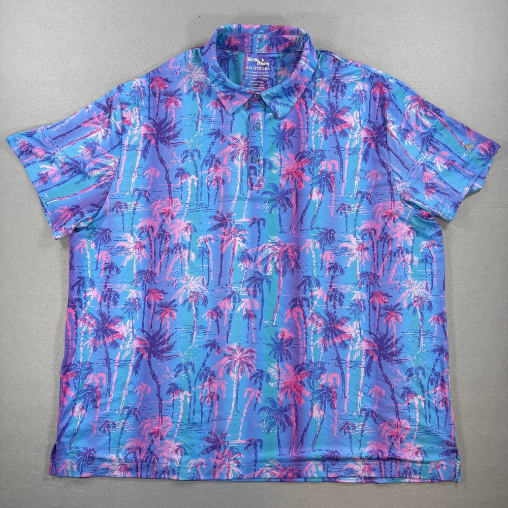 Birdie Bound Polo Shirt Men 3XL Blue Pink Tropical Performance Golf Resort AOP